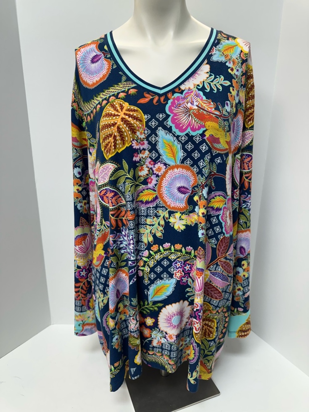 Johnny Was Navy Multicolor Floral Long-Sleeve Top